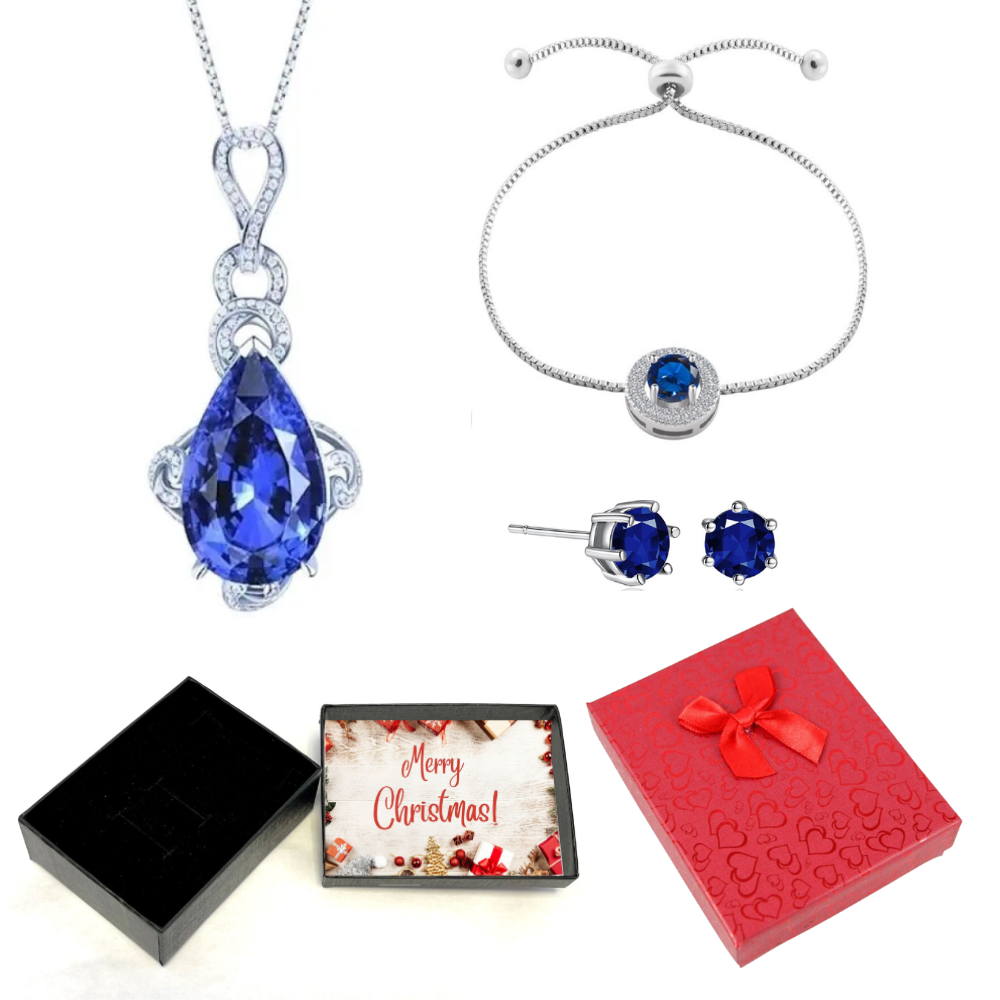 30 pcs - Blue Simulated Sapphire Teardrop Pendant Necklace Bracelet and Earrings Tri-Set With Christmas Gift Box - 10 Sets|GCJ019GCJ525GCC019-Blue-Xma
