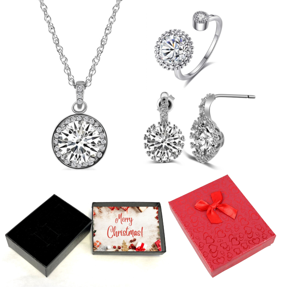 30 pcs - Halo Crystal Pendant Necklace Earrings Ring Tri-Set With Christmas Gift Box - 10 Sets|GCJ142GCJ546GCC060-XmasBox|UK SELLER