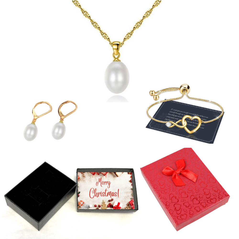 30 pcs - Freshwater Pearl Pendant Necklace Gold Tone Bracelet Earrings Tri-Set With Christmas Message Box - 10 Sets|GCJ188GCJ222GCJ236-XmasBox|UK SELL