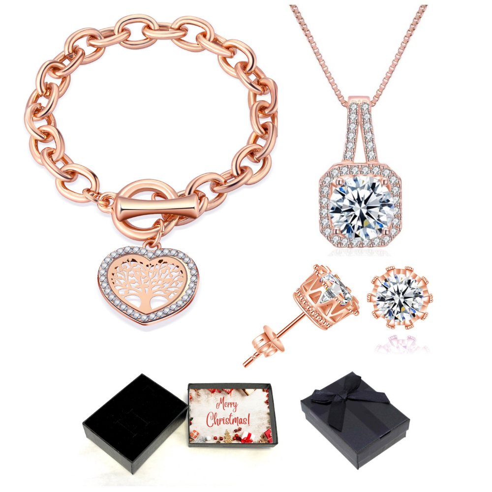 30 pcs - Crystal Rose Gold Halo Square Pendant Necklace, Tree of life Heart Bracelet And Crown Design Stud Earrings Tri-Set With Christmas Message Box
