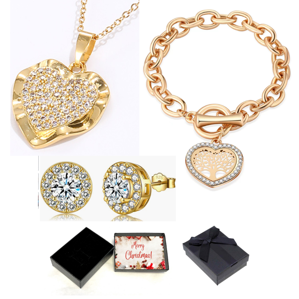 30 pcs - Gold Tone Crystal Filled Heart Shape Pendant Necklace, Tree of life Heart Bracelet and Halo Stud Round Earrings Tri-Set With Christmas Messag