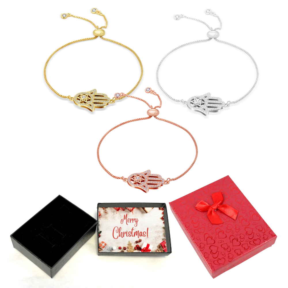 10 pcs - Crystal Filled Hamsa Hand Adjustable Bracelet with Christmas Gift Box - 3 Random Colours|GCJ550-Gold/Rose gold/Silver-XmasBox|UK SELLER