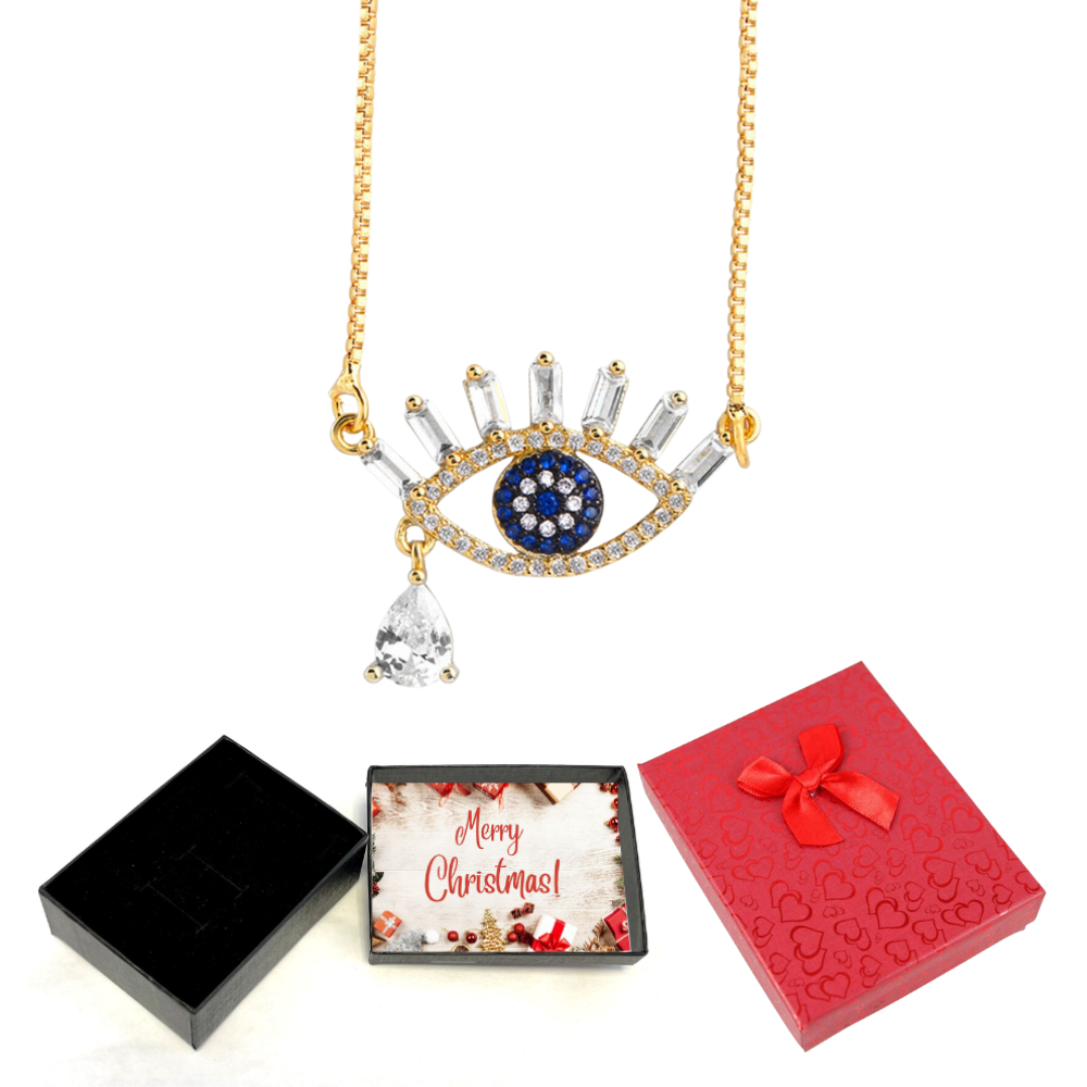 10 pcs - Blue Eye Zircon Necklace in a Gold Tone With Christmas Gift Box|GCC076-blue eye-XmasBox|UK SELLER