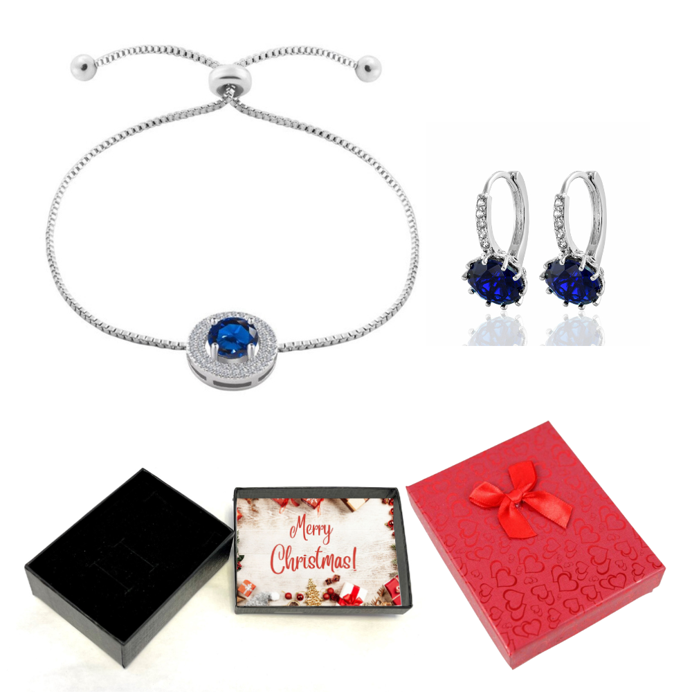 20 pcs - Blue Crystal Adjustable Bracelet and Earrings set with Christmas Message Box -10 Sets|GCJ005GCJ525-Blue-XmasBox|UK SELLER