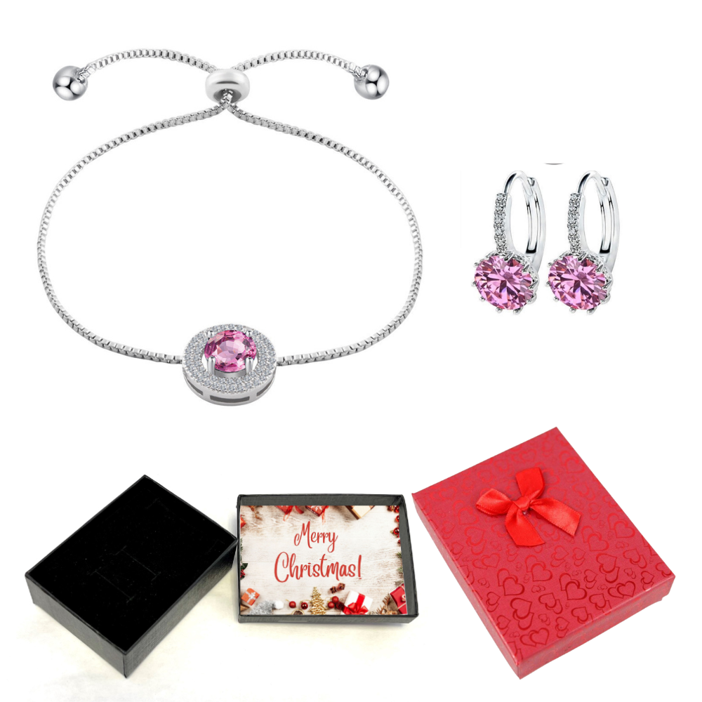20 pcs - Pink Crystal Adjustable Bracelet and Earrings set with Christmas Message Box -10 Sets|GCJ005GCJ525-Pink-XmasBox|UK SELLER