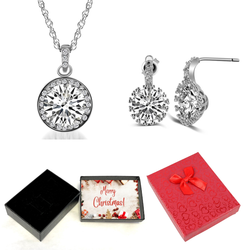 20 pcs - Classy Round Silver Zircon Crystals Pendant Necklace and Stud Earrings Set With Christmas Message Box -10 Sets|GCJ142GCC060-XmasBox|UK SELLER