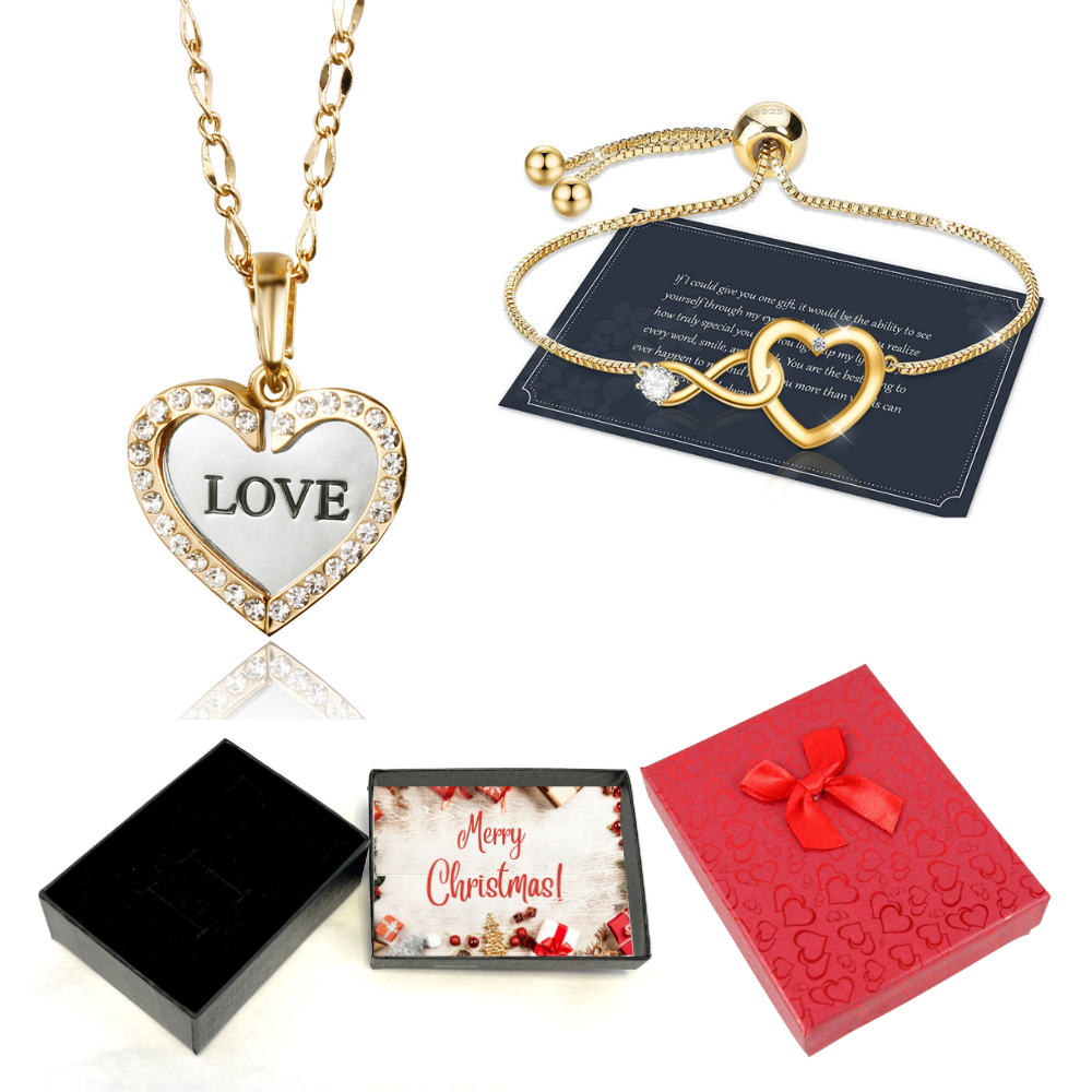 20 pcs - Gold Crystal Open Love Heart Engraved Pendant Necklace and Bracelet Set With Christmas Message Box -10 Sets|GCJ188GCC100-Gold-XmasBox|UK SELL