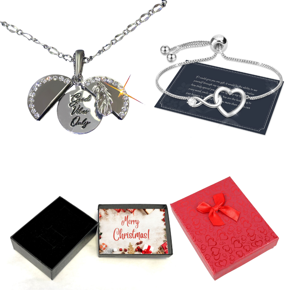 20 pcs - Feather Open Pendant with Message & Heart Bracelet in Silver Set With Christmas Message Box -10 Sets|GCJ188GCC101-Silver-XmasBox|UK SELLER