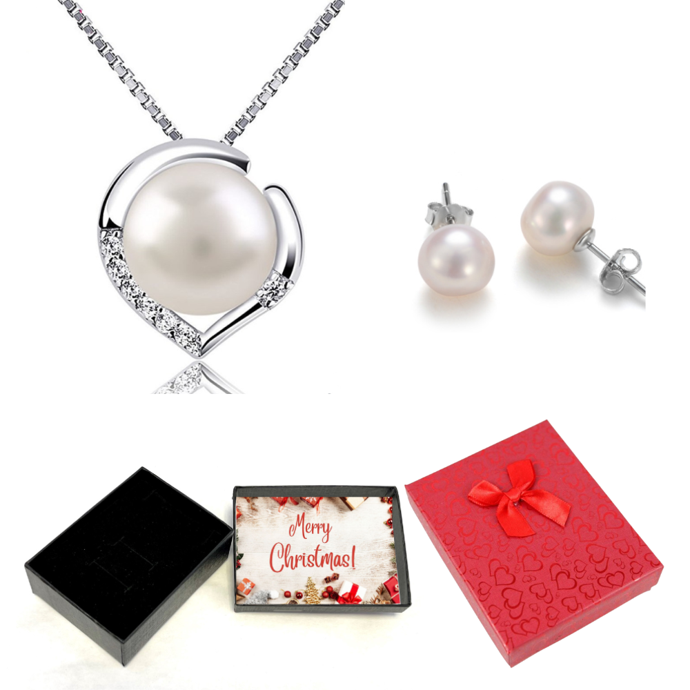 20 pcs - Pearl Heart Crystal Silver Tone Pendant Necklace and Earrings Set with Christmas Message Box -10 Sets|GCJ231GCJ543-XmasBox|UK SELLER