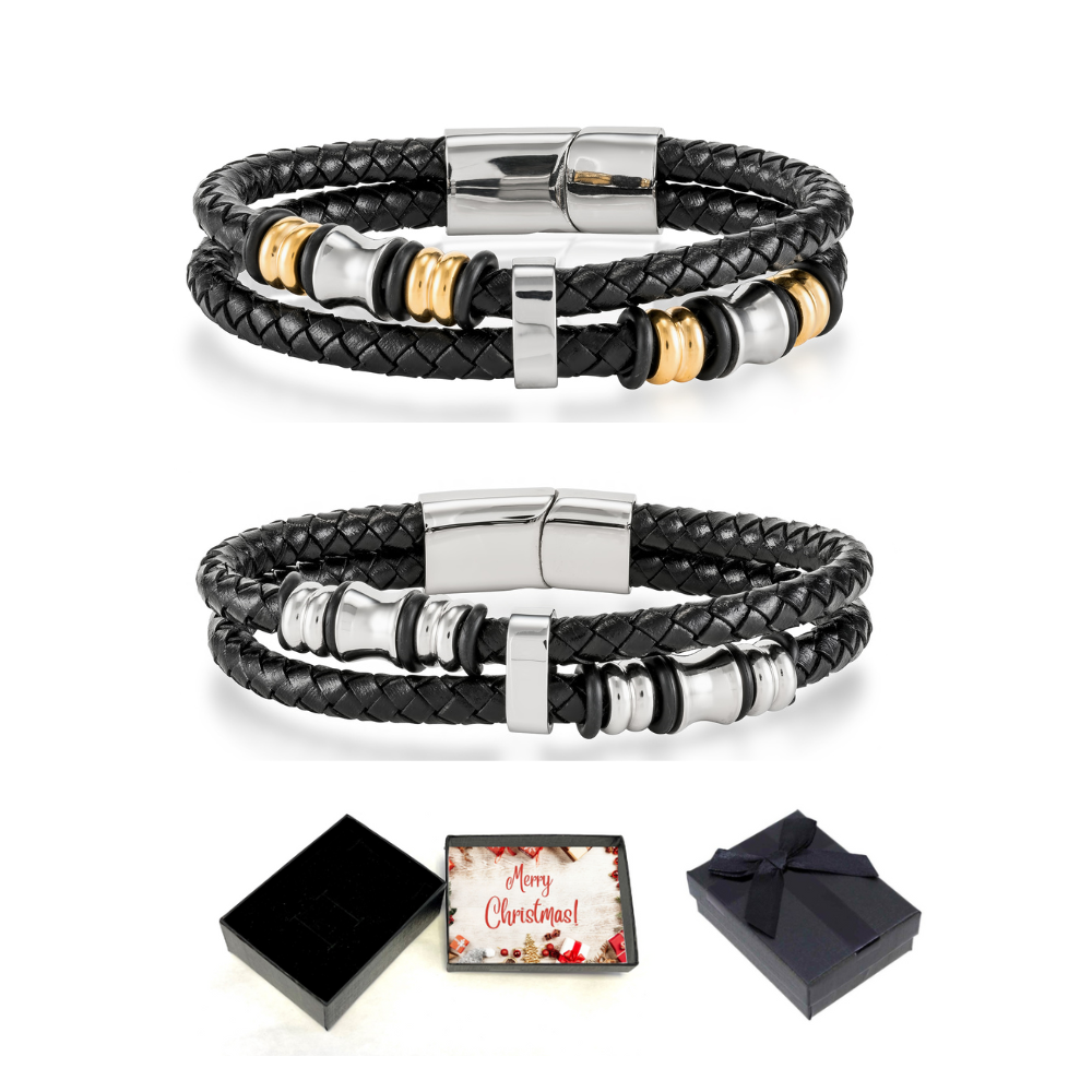 10 pcs - Stylish Men’s Genuine Leather Bracelet In Silver and Gold With Christmas Box - 2 Colours - 5pcs Each Colour|GCJ035GCJ037-Xmasbox|UK SELLER