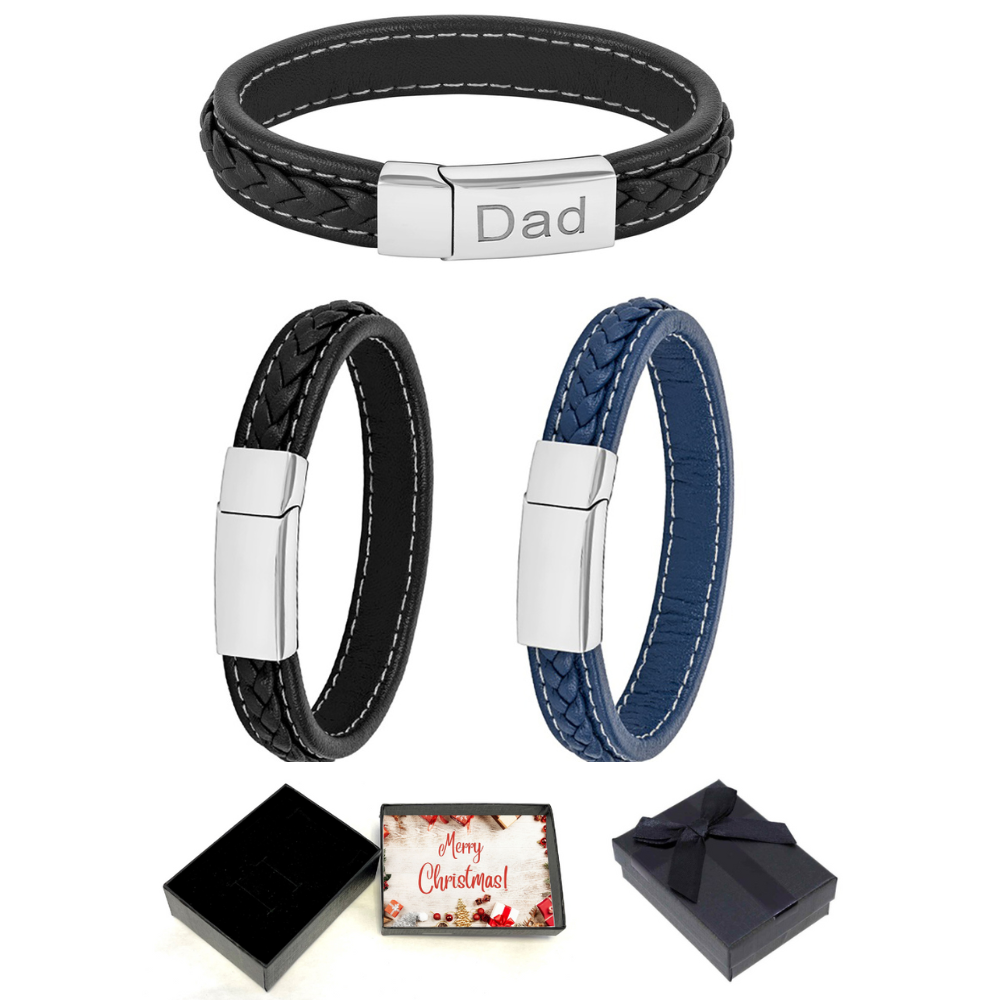 10 pcs - Men’s Genuine Flat Leather Bracelet With Christmas Box - Random Colours|GCJ043-Black/Blue/Dad-Xmasbox|UK SELLER