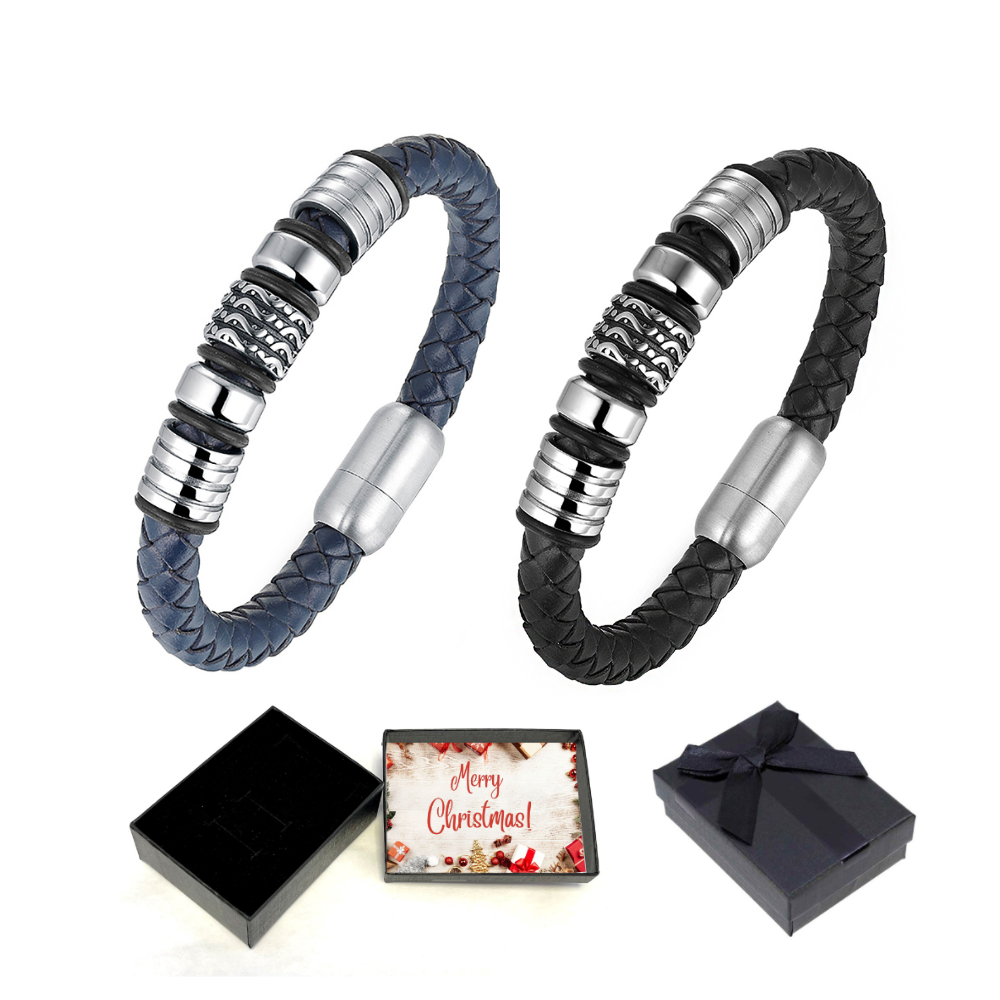 10 pcs - Men’s Genuine “HONOUR” Bracelet in Blue or Black Leather with Titanium Beads With Christmas Box - 2 Colours - 5 Each Colour|GCJ044-Blue