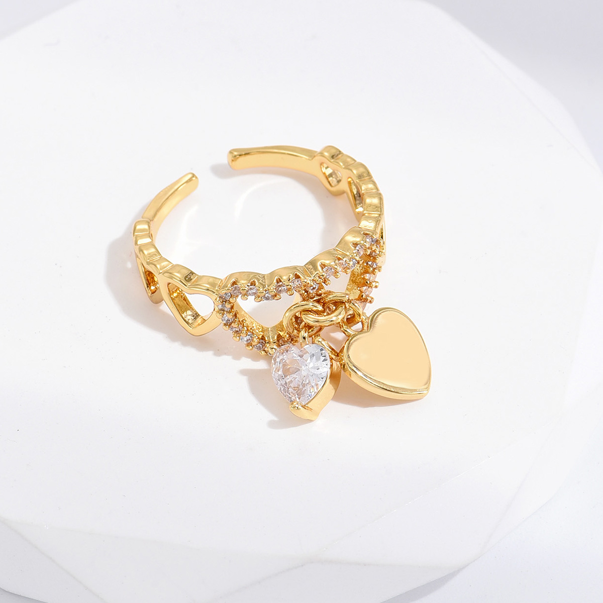10 pcs - Love Heart Charm Zircon Crystal Band Open Ring Adjustable in Gold|GCJ383 |UK SELLER