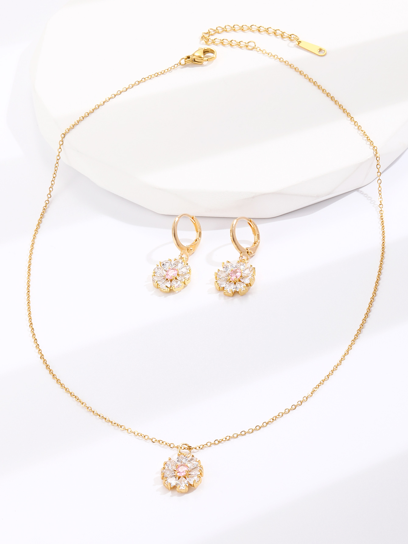 20 pcs - Flower Zircon Crystals Necklace and Huggies Earring Gold Tone 2 Pcs Jewellery Set - 10 Sets|GCJ385|UK SELLER