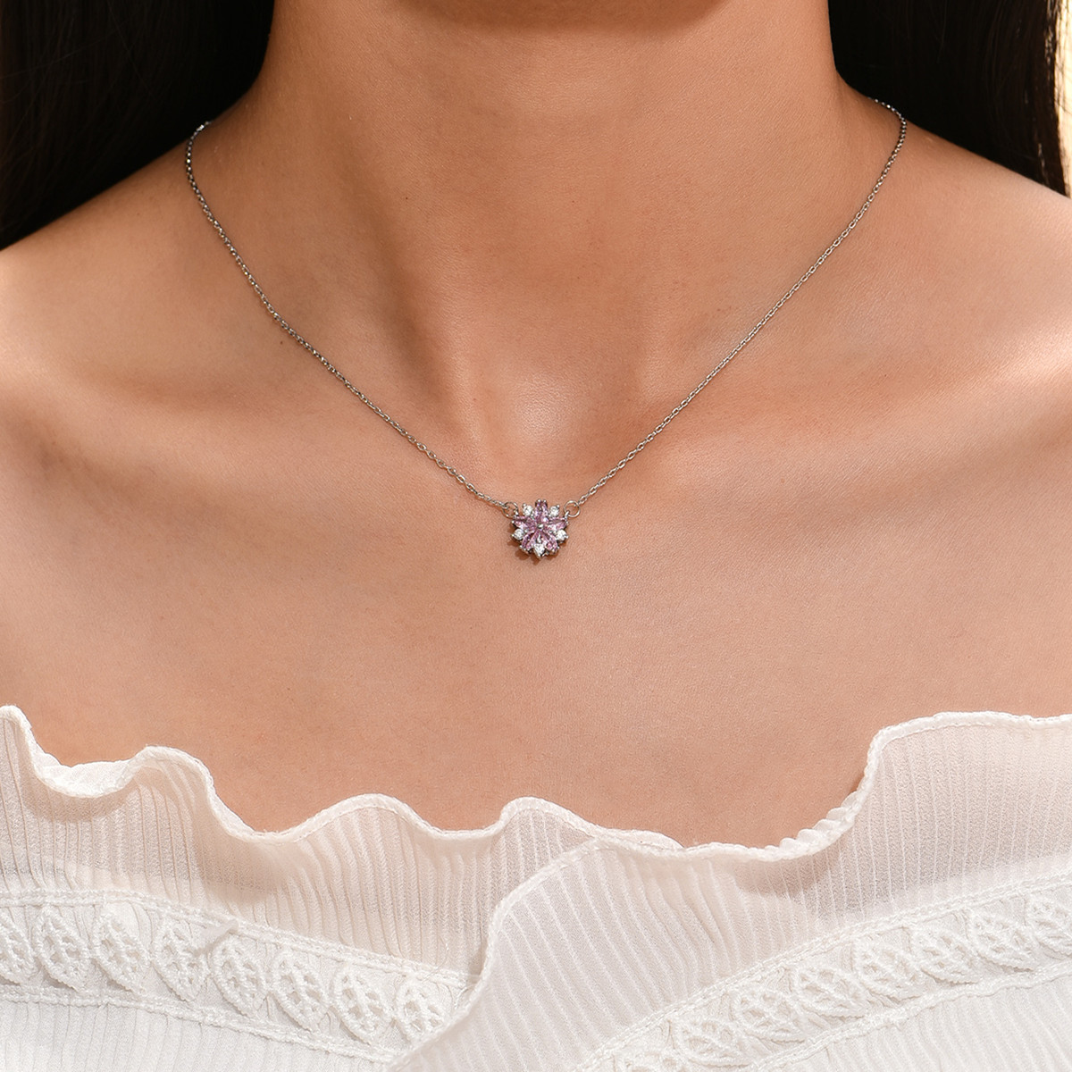10 pcs - Flower Sakura Pink Zircon Crystal Silver Pendant Necklace|GCJ397|UK SELLER