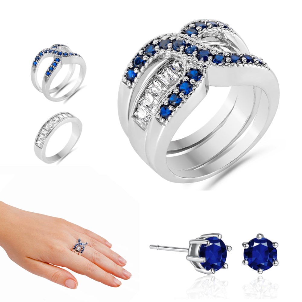 30 pcs - 2 in 1 Blue Crystal Double Infinity Ring and Brilliant Cut Stud Earrings Set - 10 Sets - Random Size|GCJ038+GCJ019|UK SELLER