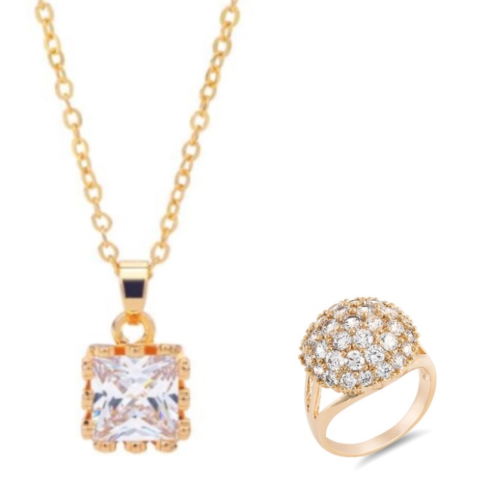 20 pcs - Gold Tone Solitaire Crystal Pendant Necklace and Cluster Round Clear Crystal Ring Set - 10 Sets - Random Size|GCJ041+GCC104-Random|UK SELLER
