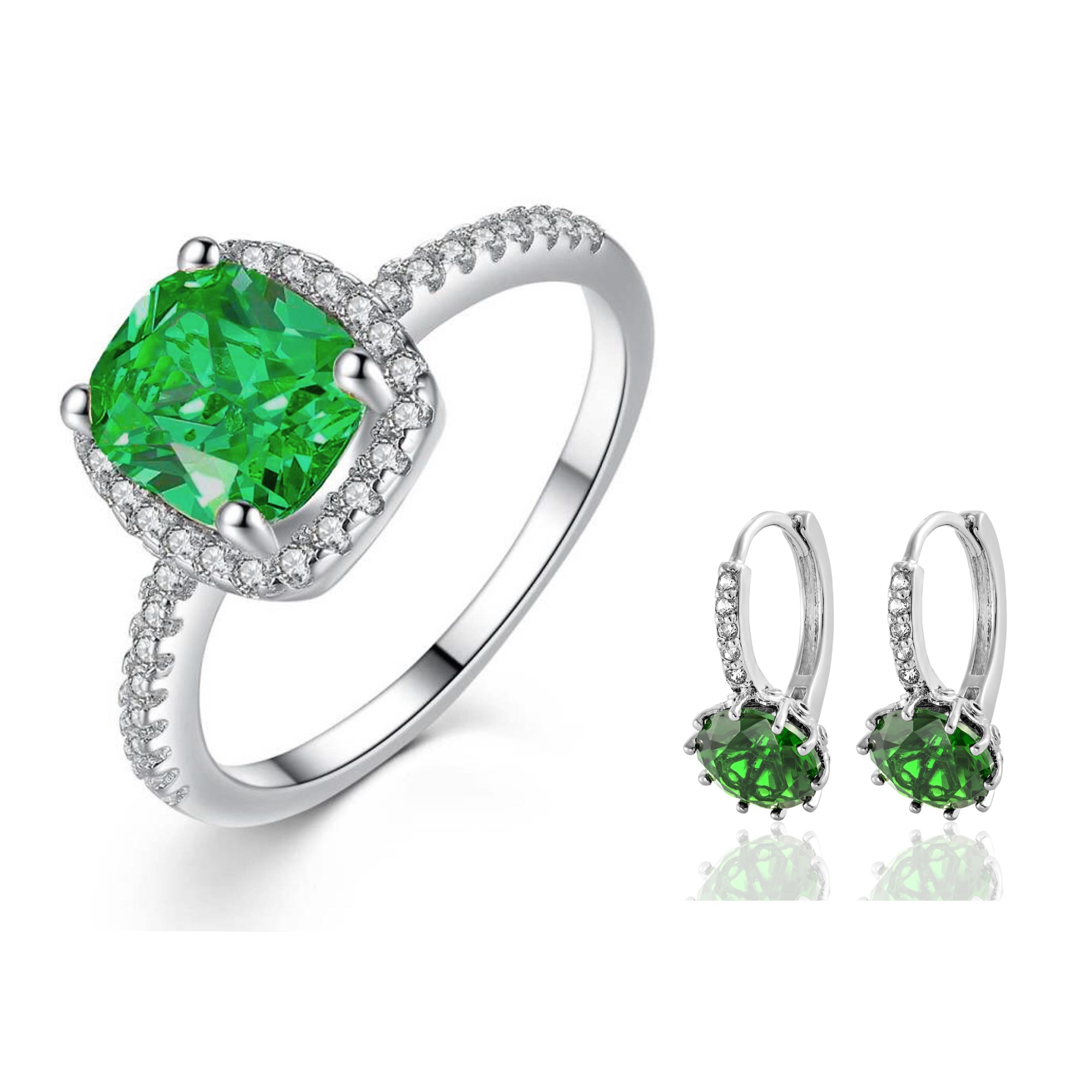 20 pcs - Emerald Green Crystal Ring and Huggies Earrings with Cubic Zirconia Set - 10 Sets - Random Size|GCJ048+GCJ005-Green-Random|UK SELLER