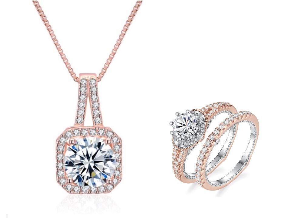 20 pcs - Classy Princess Halo Rose Gold Crystal Pendant Necklace and Double Ring Set - 10 Sets - Random Size|GCJ146+GCC062-Random|UK SELLER