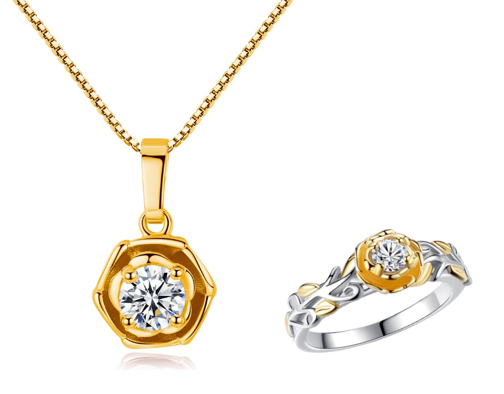 20 pcs - Gold Flower Necklace Made with Premium Crystal and Crystal Flower Ring Set - 10 Sets - Random Size|GCJR077+GCJ085-Random|UK SELLER