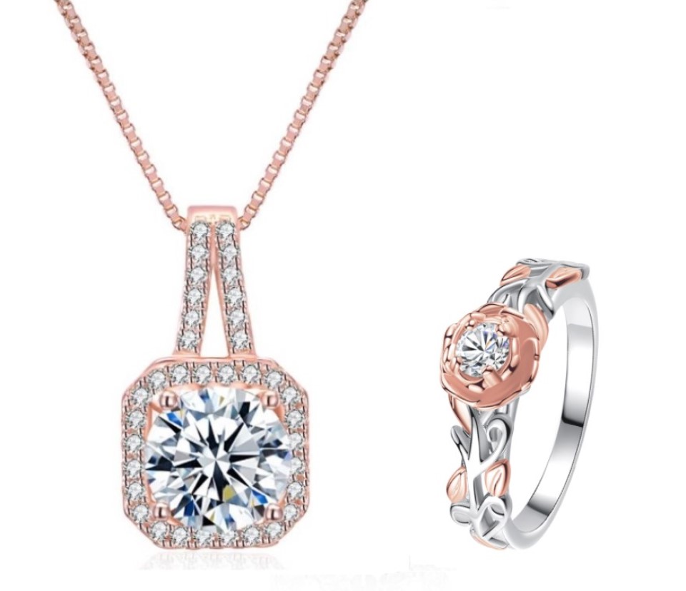 20 pcs - Classy Halo Rose gold Crystal Pendant and Flower Ring Set - 10 Sets - Random Size|GCJR077+GCC062-Random|UK SELLER