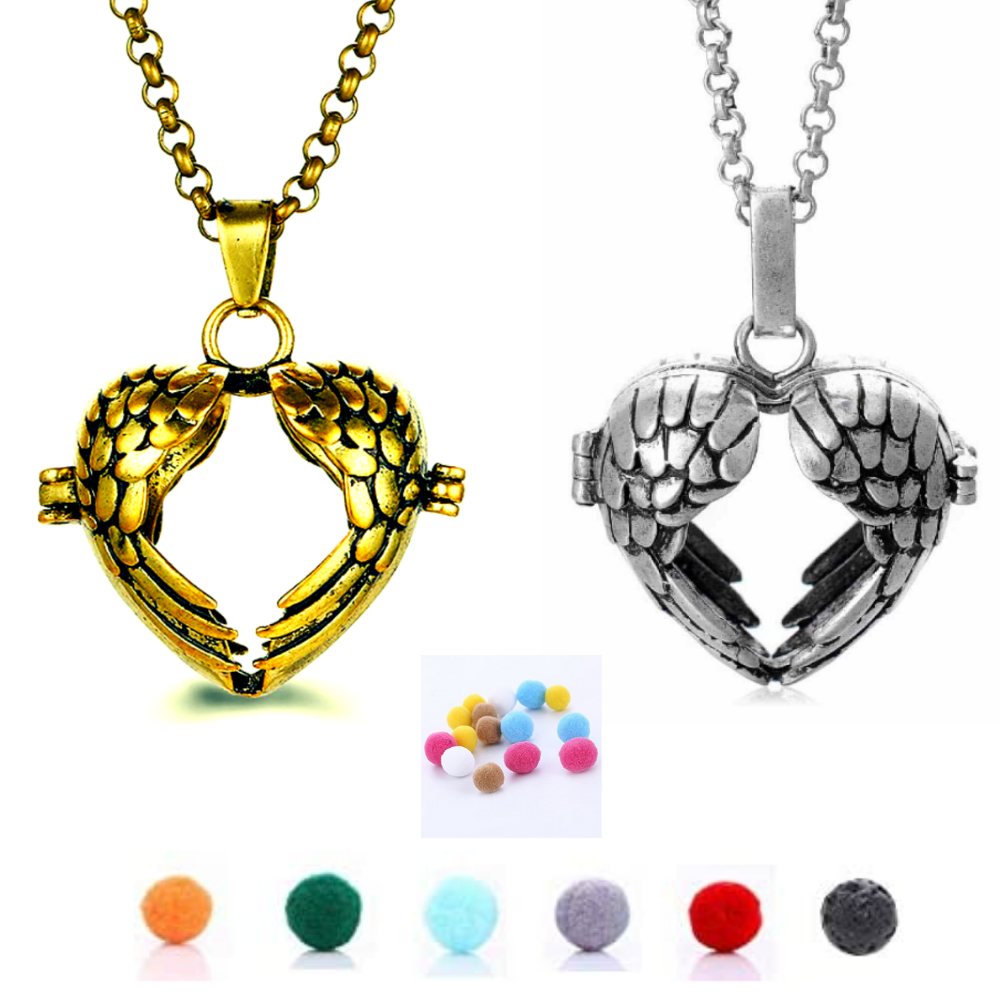 10 pcs - Aroma Diffuser Essential Oil Aromatherapy Heart Angel Wings Locket Pendant Necklace - 2 Colours - 5 Each Colour|GCC114-Gold/Silver|UK SELLER