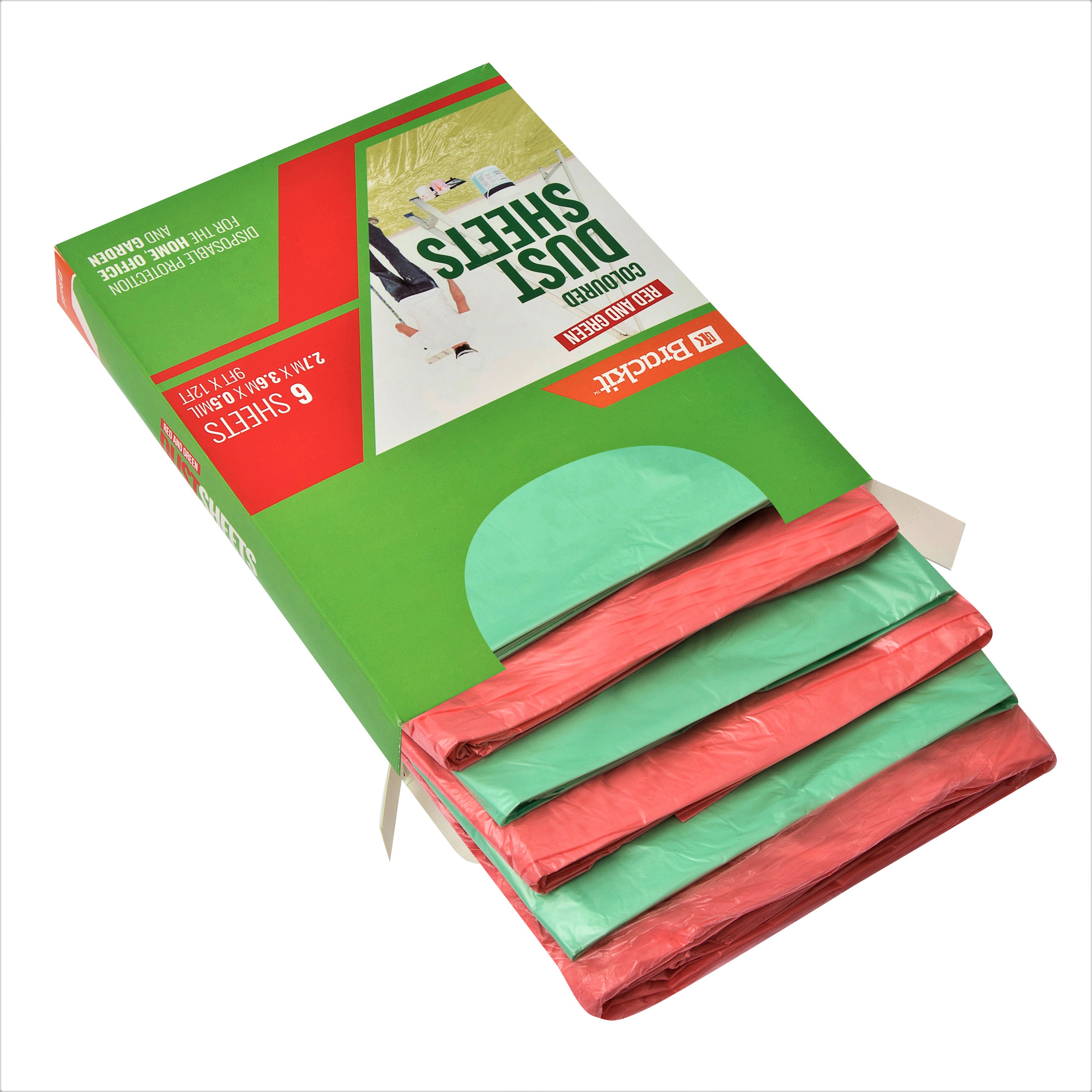 3x RED and 3x GREEN coloured dust sheet 2.7m x 3.6m x 0.8mil (6 pack)