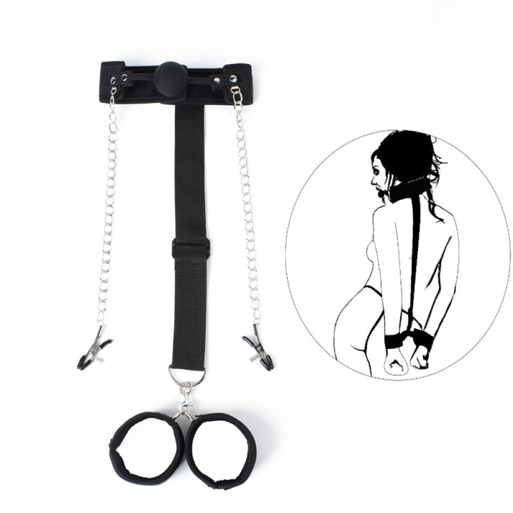 5pcs - All In One Bondage Harness With Handcuffs Restraints Silicone Ball Gag Nipple Clamp|GCSM034|UK SELLER