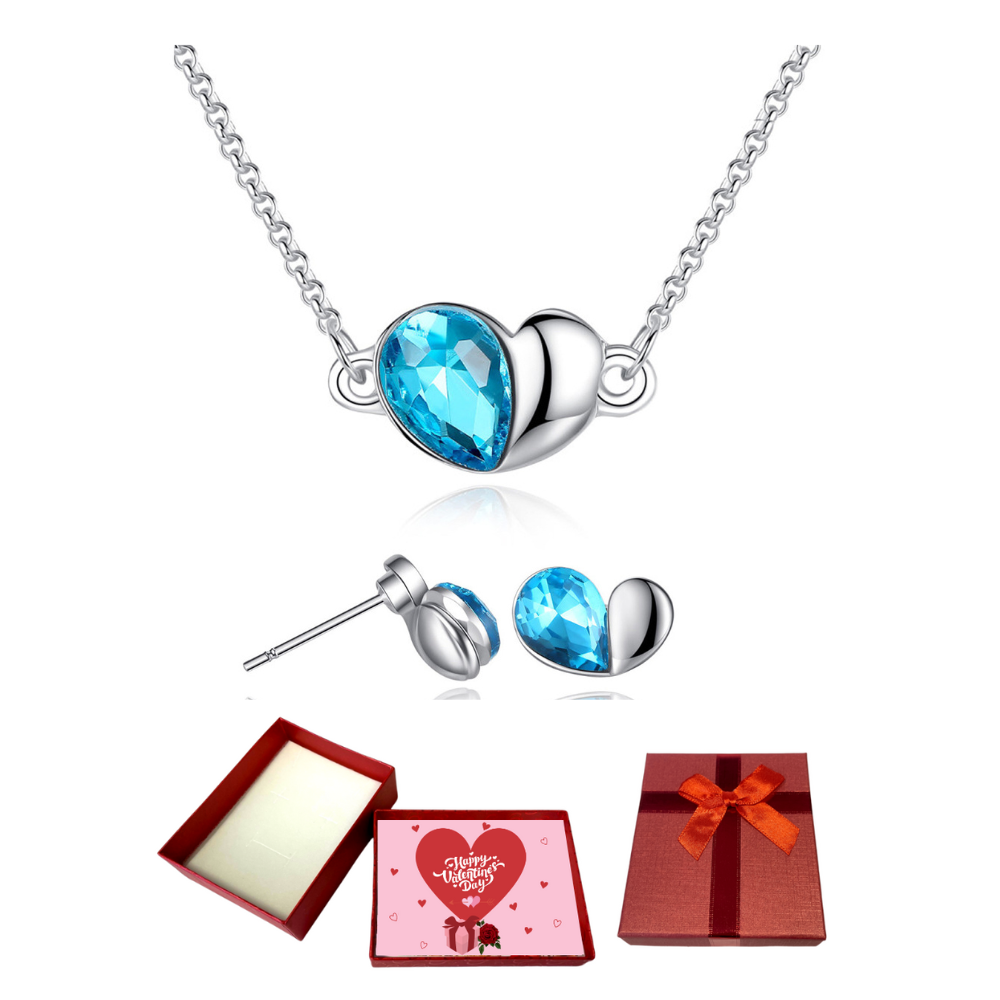 20 pcs - Heart Necklace Earrings Set with Turquoise Crystal With Valentine Message Box - 10 Sets|GSVSET059-2pc-Valentine Box|UK SELLER