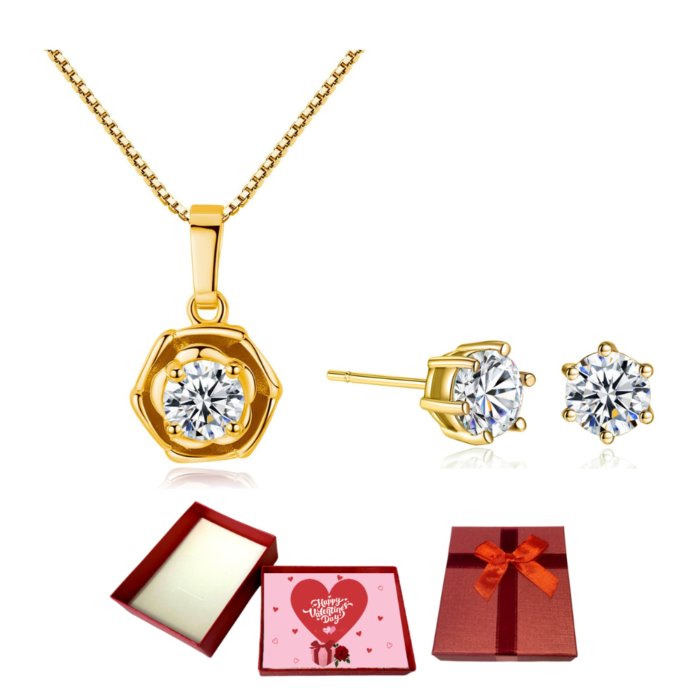 20 pcs - Classy Flower Zircon Crystals Pendant Necklace And Earrings In Gold Tone Set With Valentine Message Box - 10 Sets|GCJ085+GSV004-Gold-Valentin
