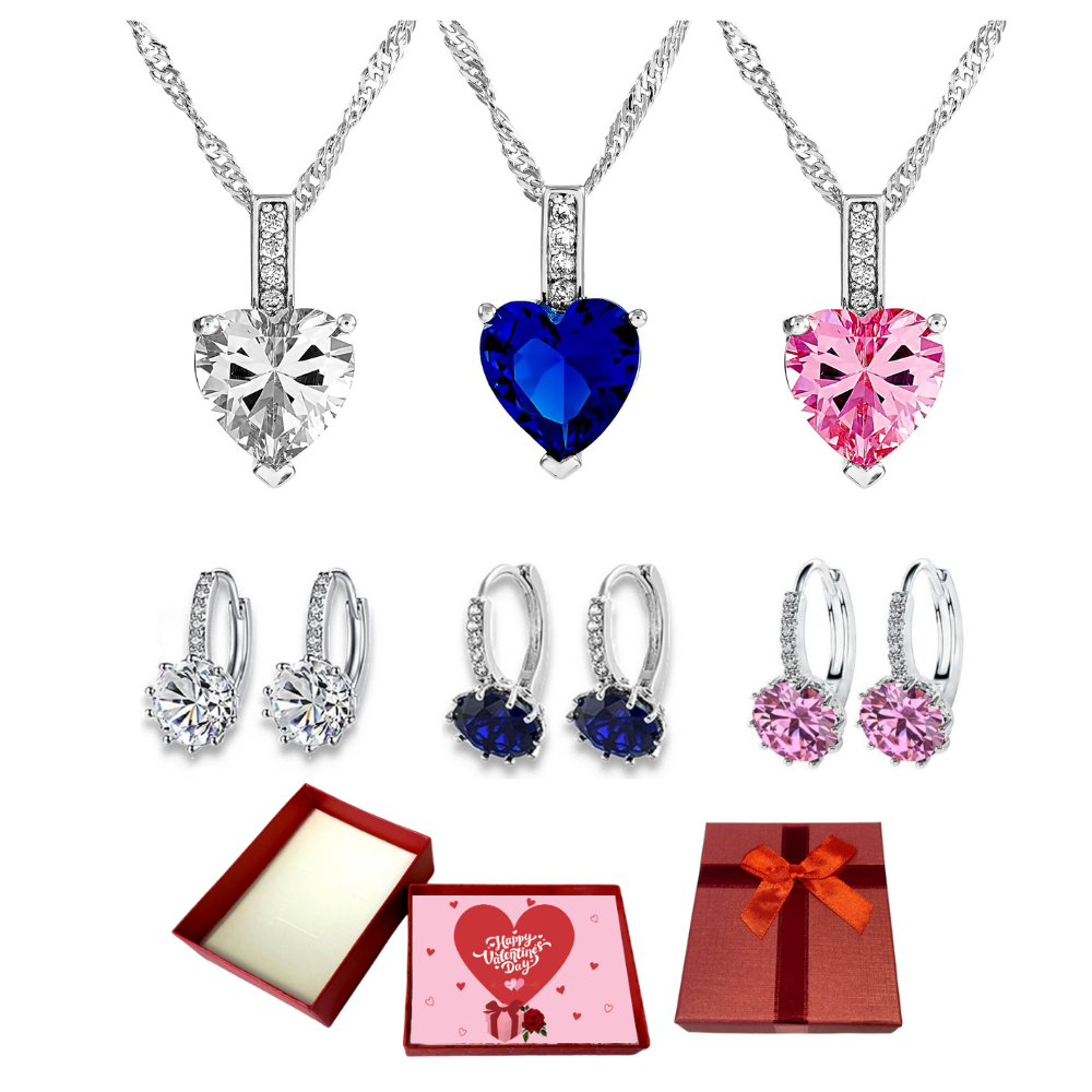 20 pcs - Crystal Simulated Sapphire Pendant Necklace and Earrings Set With Valentine Gift Box - 10 Sets Mixed|GCJ005GCJ024-Clear/Blue/Pink-Valentine B