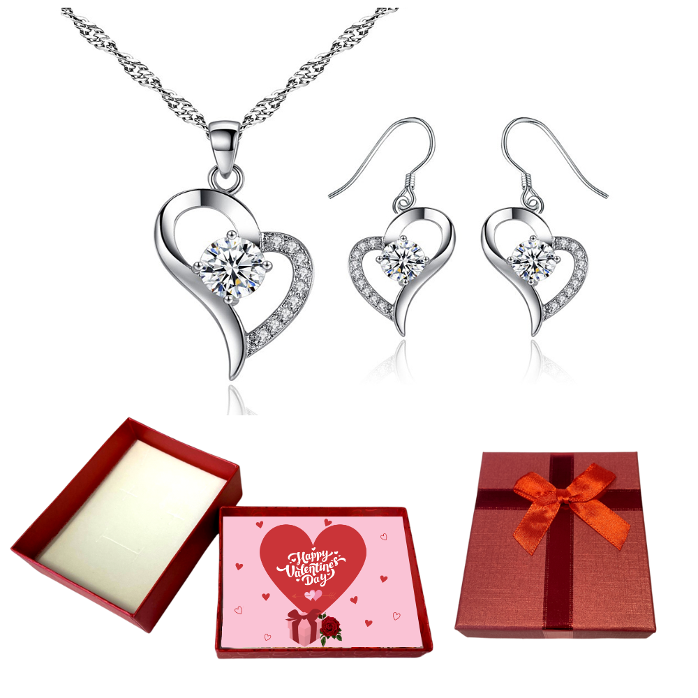20 pcs - Heart Shaped Pendant Necklace & Earrings with Premium Crystals With Valentine Gift Box - 10 Sets|GSV009-Valentine Box|UK SELLER