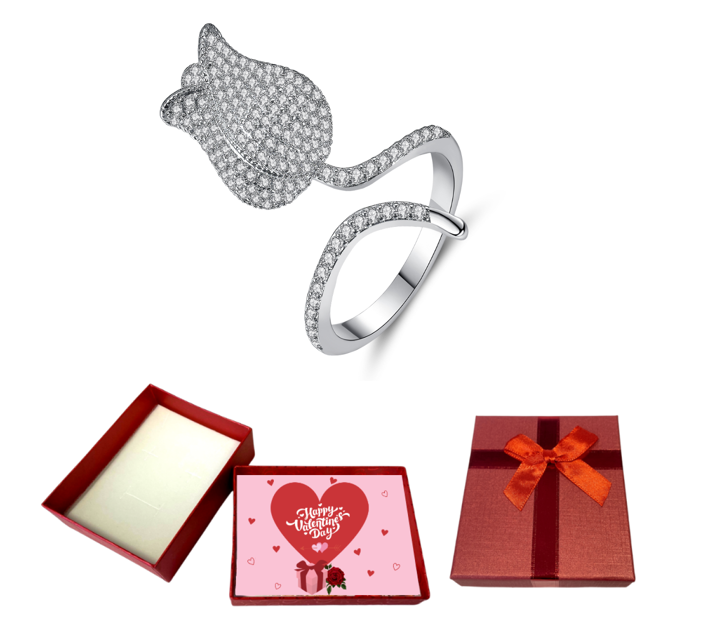 10 pcs - Sparkling Tulip Open Ring With Valentine Gift Box|GCJ124-Valentine Box|UK SELLER