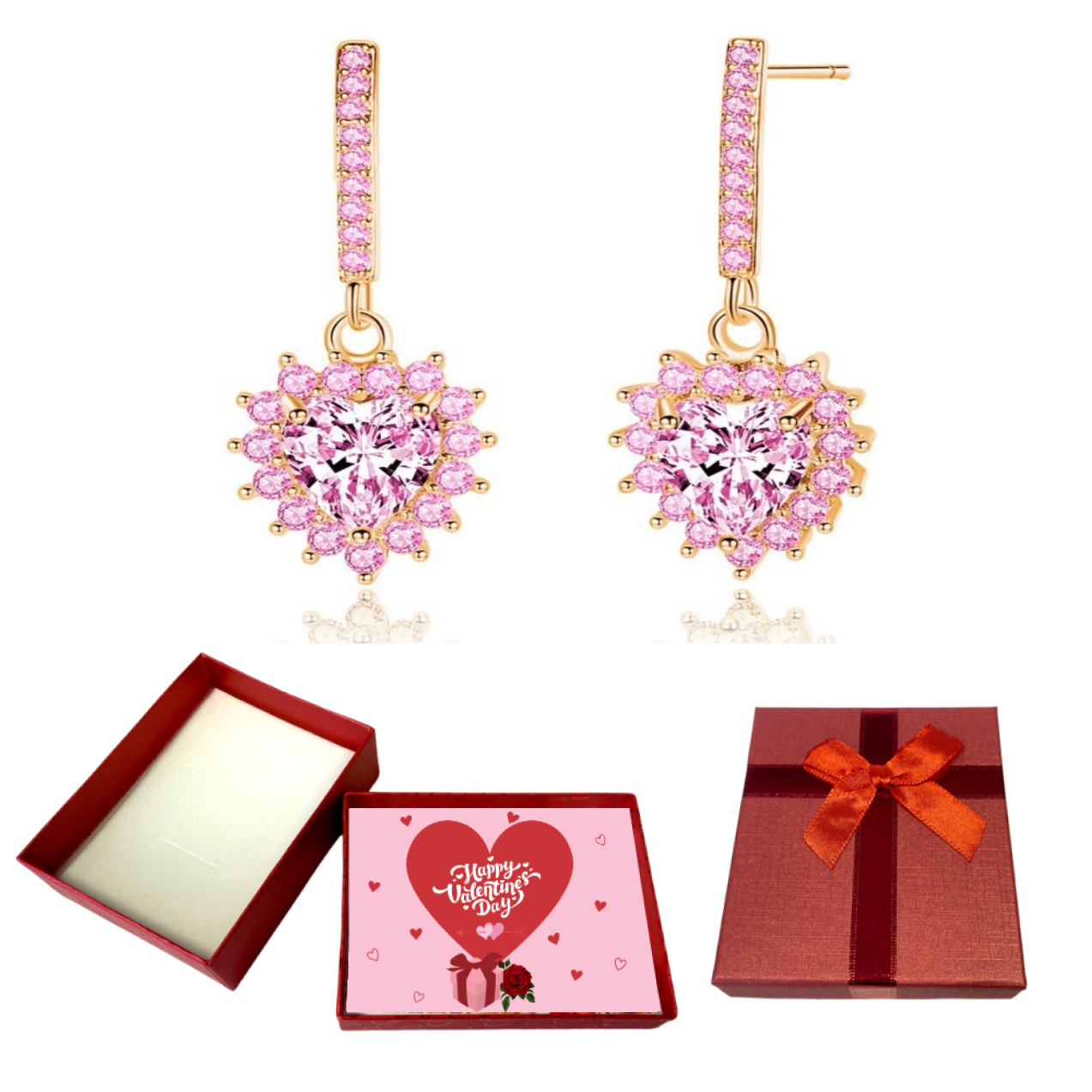 10 pcs - Heart Drop Earrings with Pink Cubic Zirconia Crystals With Valentine Gift Box|GCJ136-Valentine Box|UK SELLER