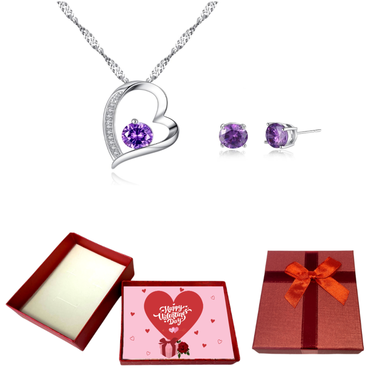 20 pcs - Purple Heart Zircon Crystals Pendant Necklace & Earrings Set With Valentine Gift Box - 10 Sets|GCJ155-Set-Valentine Box|UK SELLER