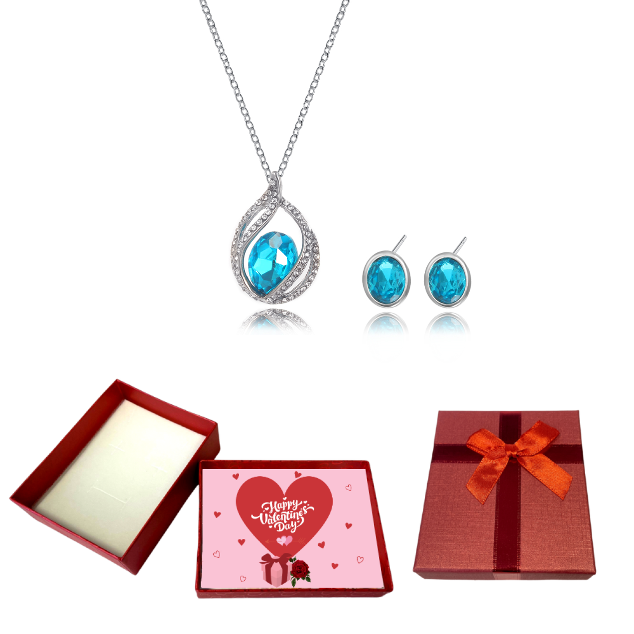 20 pcs - Sparkling Aqua Teardrop Pendant Necklace & Earrings Set With Valentine Gift Box - 10 Sets|GCJ165-Set -Valentine Box|UK SELLER