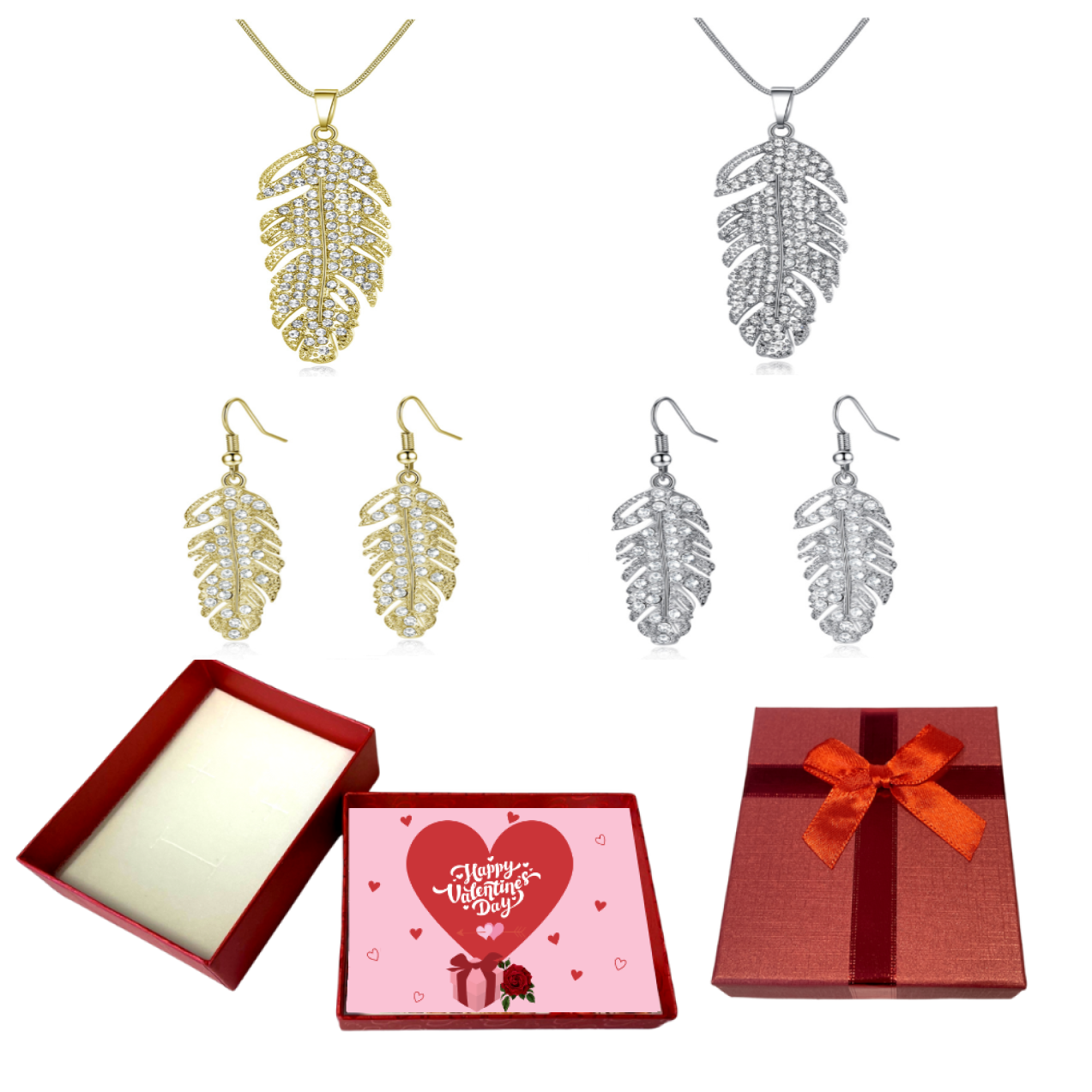 20 pcs - Gold and Silver Feathers Necklace and Earrings Set With Valentine Gift Box - 10 Sets Mixed|GCJ182-Gold/Silver-Valentine Box|UK SELLER