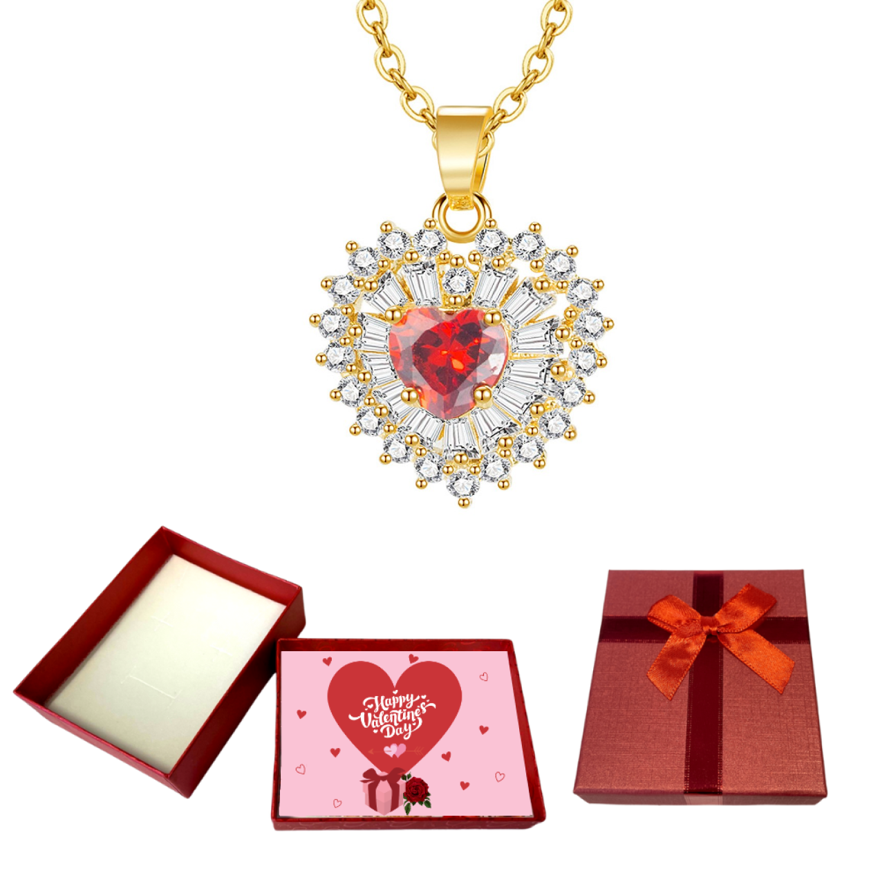 10 pcs - Red Ruby Zircon Crystals Love Heart-Shaped Gold Tone Pendant Necklace With Valentine Gift Box|GCJ293-Valentine Box|UK SELLER