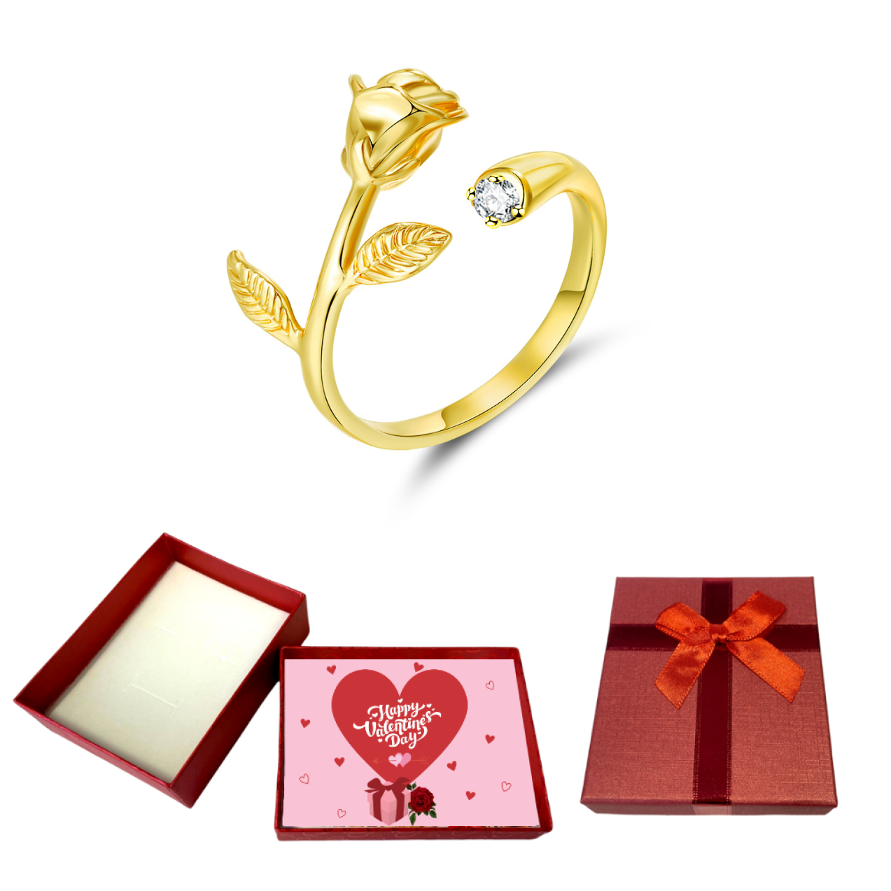 10 pcs - Golden Rose Flower with Zirconia Crystal Open Ring Adjustable With Valentine Gift Box|GCJ333-Valentine Box|UK SELLER