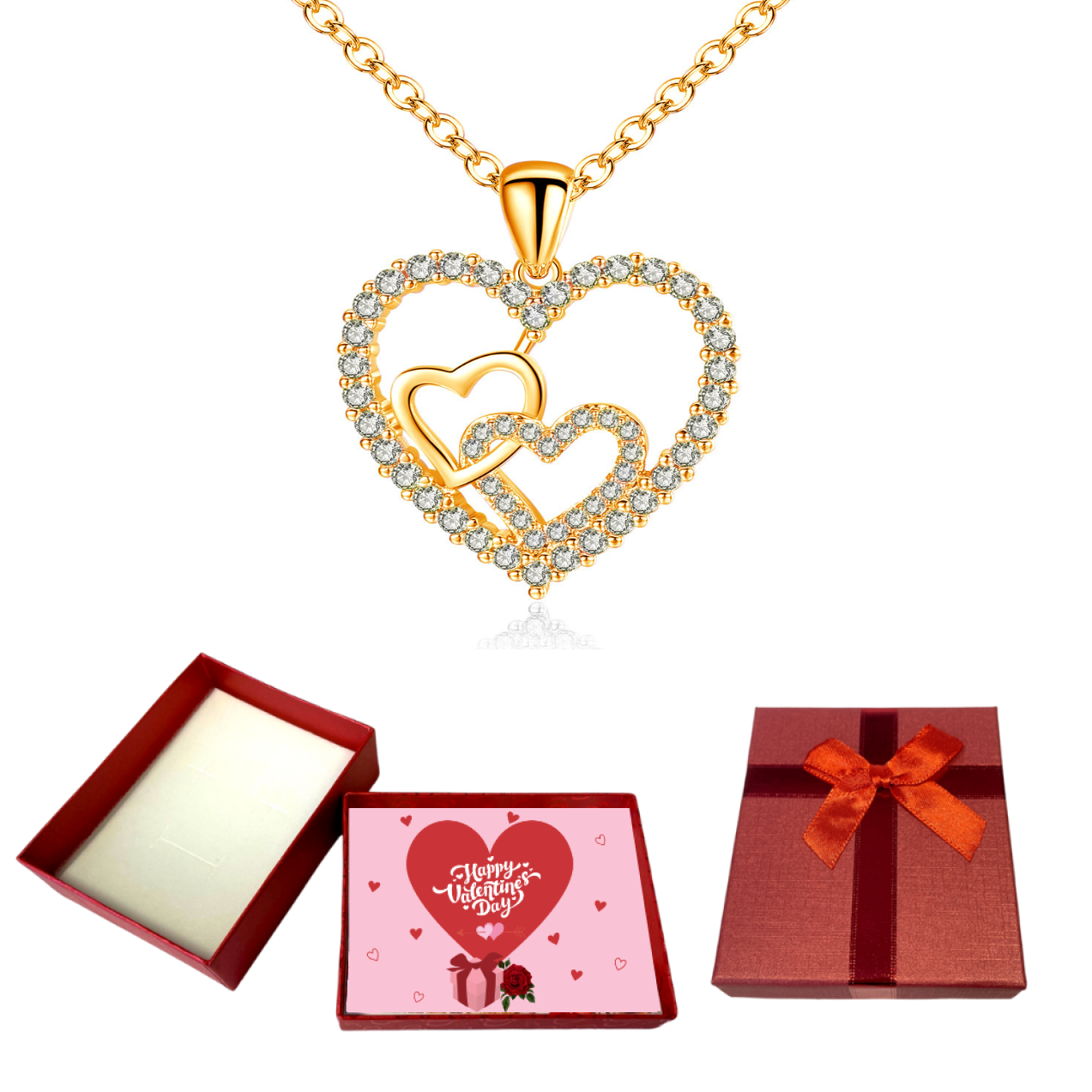 10 pcs - Double Heart Zircon Crystals Love Gold Tone Pendant Necklace With Valentine Gift Box|GCJ338-Valentine Box|UK SELLER