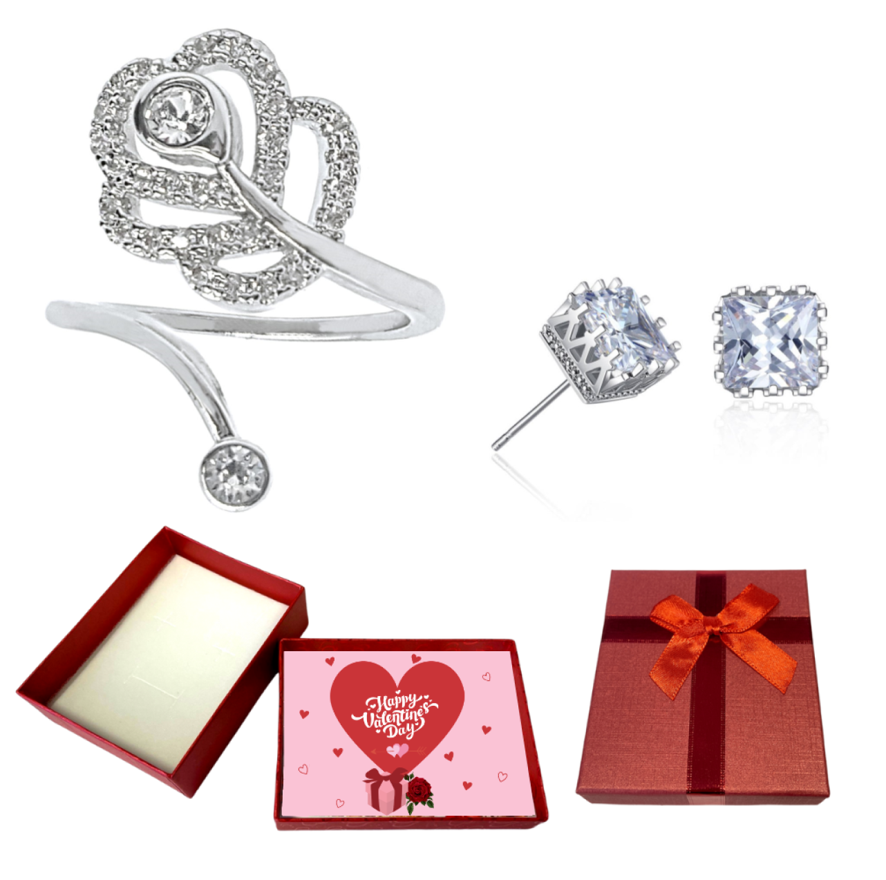 20 pcs - Open Flower Adjustable Ring and Crystal Crown Stud Earrings Set with Valentines Gift Box - 10 Sets|GCJ087+GCJ122-Silver-Valentine Box|UK SELL