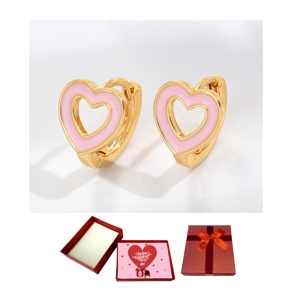 10 pcs - Pink Enamel Love Heart Huggie Hoop Gold Plated Earrings With Valentine Gift Box|GCJ388-Valentine Box|UK SELLER