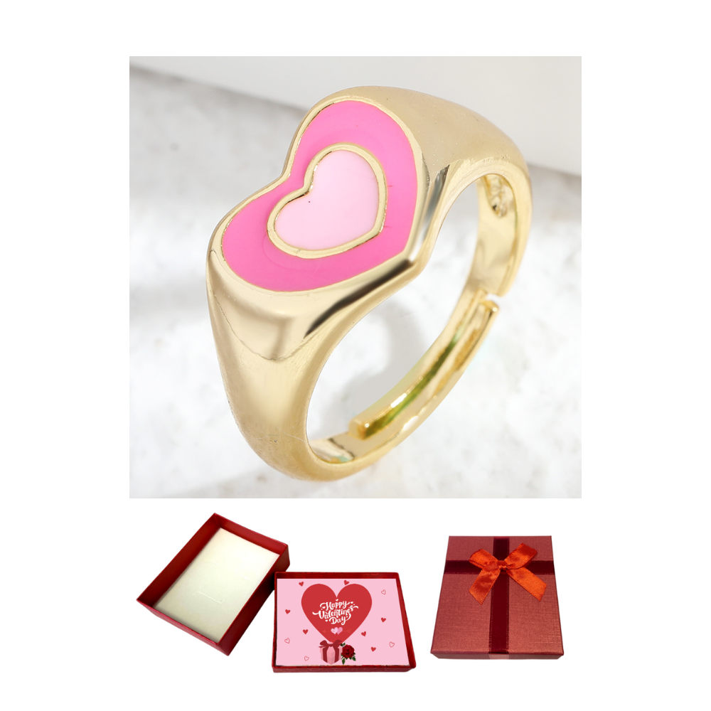 10 pcs - Pink Double Love Heart Open Ring Adjustable in Gold With Valentine Gift Box|GCJ389-Valentine Box|UK SELLER