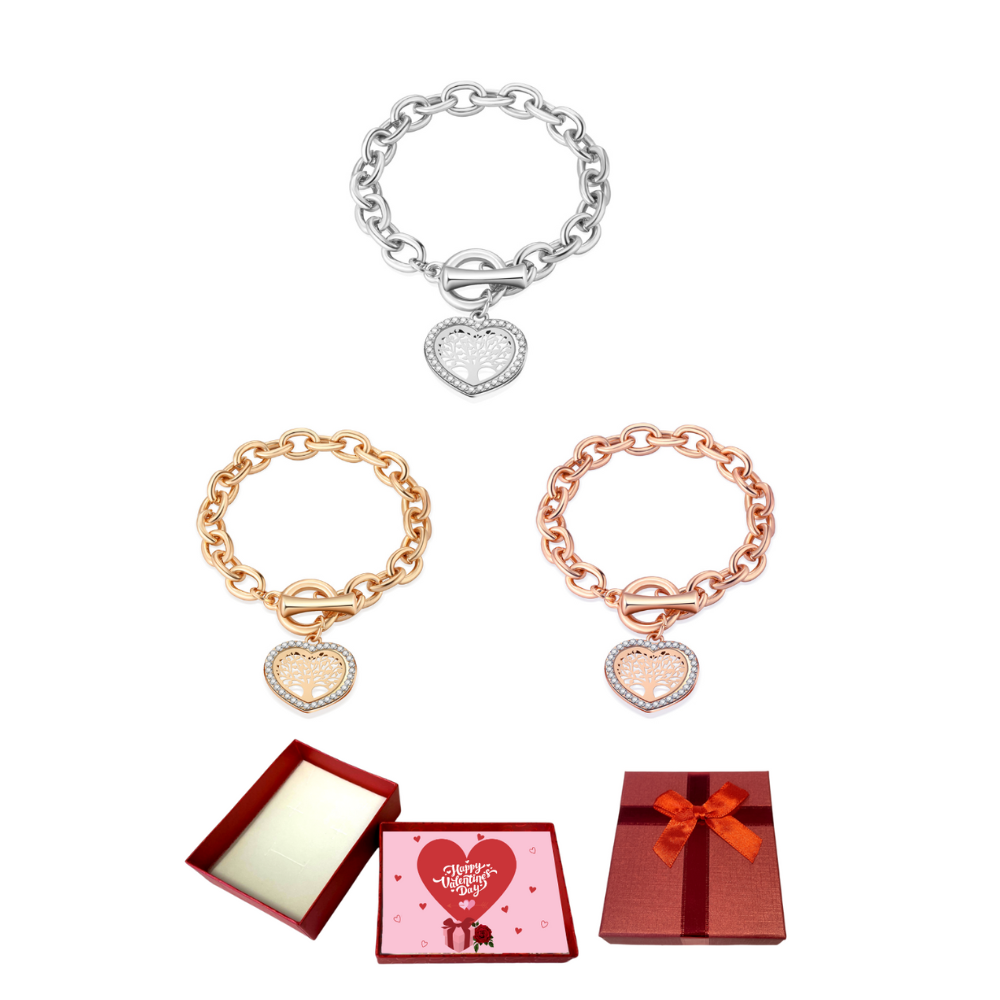 10 pcs - Tree of life Heart Charm Zircon Crystals Bracelet -Silver, Gold, Rosegold With Valentine Gift Box - Random Colour|GCJ510-Silver/Gold/Rosegold