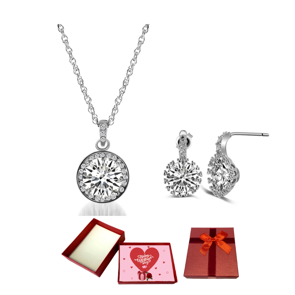 20 pcs - Classy Round Silver Zircon Crystals Pendant Necklace and Stud Earrings Set With Valentine Gift Box - 10 Sets|GCJ142GCC060-Valentine Box|UK SE