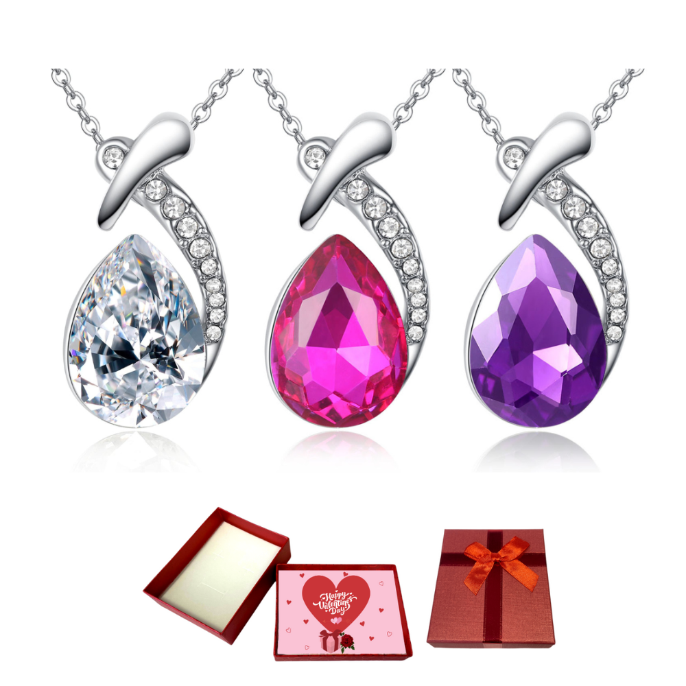 10 pcs - Sapphire Zirconia Teardrop Crystal Silver Pendant Necklace With Valentine Gift Box - Random Colour|GCJ148-PK/PP/CL-ValentineBox|UK SELLER