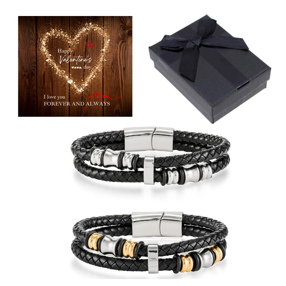 10 pcs - Valentine’s Stylish Men’s Genuine leather Bracelet Silver or Gold With Valentine’s Message Gift Box - Random Colour|GCJ035/GCJ037+Valen