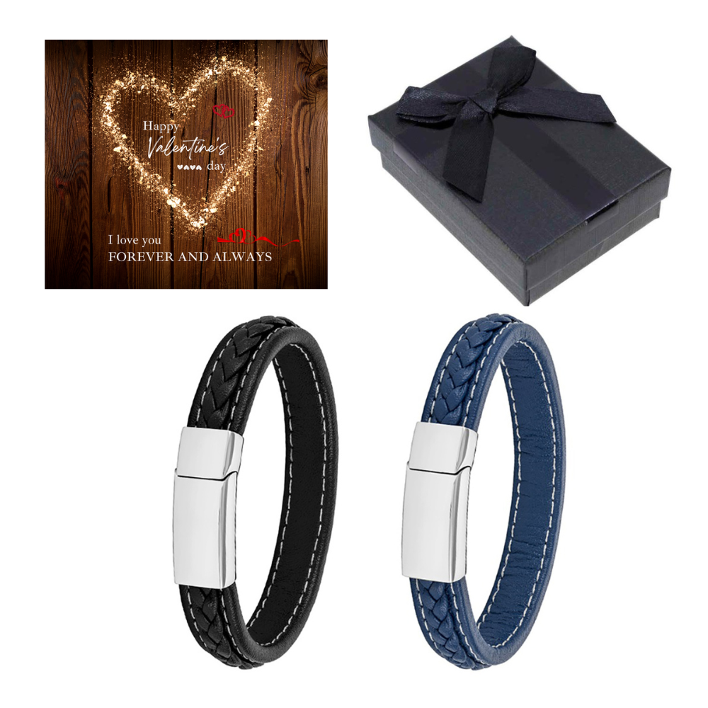 10 pcs - Men’s Genuine Flat Leather Bracelet Selection With Valentine’s Message Gift Box - Random Colour|GCJ043-Black/Blue+ValentinesBox|UK SELLER
