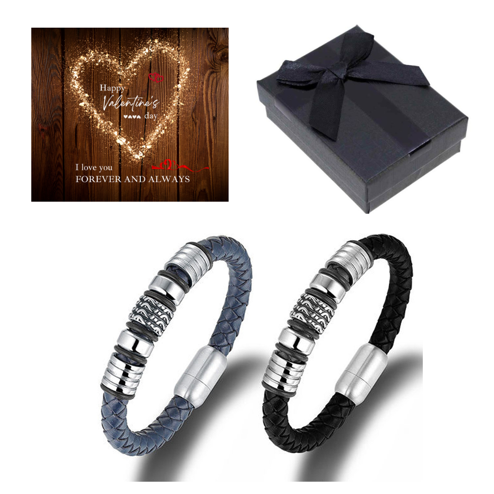 10 pcs - Men’s Genuine “HONOUR” Bracelet in Blue or Black Leather with Titanium Beads with Valentine’s Message Gift Box - Random Colour|GCJ044