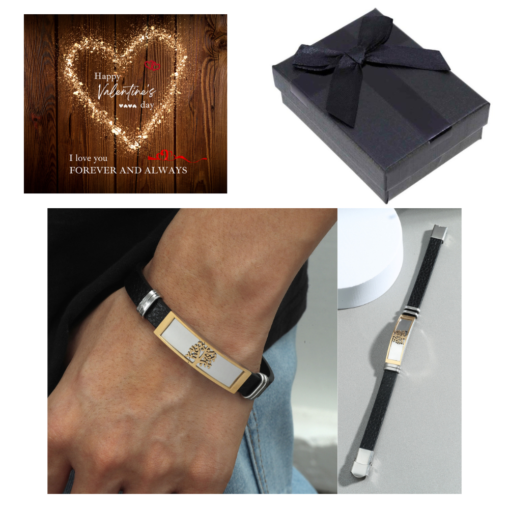 10 pcs - Black Leather Stainless Steel Tree of Life Bracelet with Valentine’s Message Gift Box|GCJ214 +ValentinesBox|UK SELLER